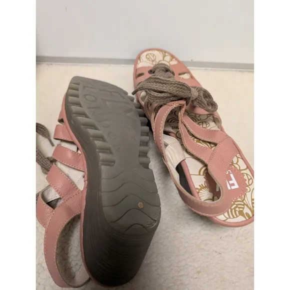Fly London Yito Wedge Sandal Women Size 42 US 10.5-11 Pink Leather Lace Up
