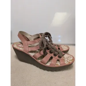 Fly London Yito Wedge Sandal Women Size 42 US 10.5-11 Pink Leather Lace Up