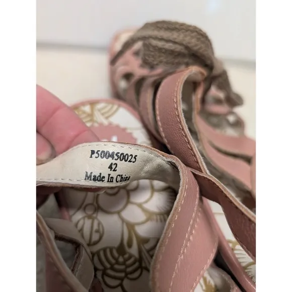Fly London Yito Wedge Sandal Women Size 42 US 10.5-11 Pink Leather Lace Up
