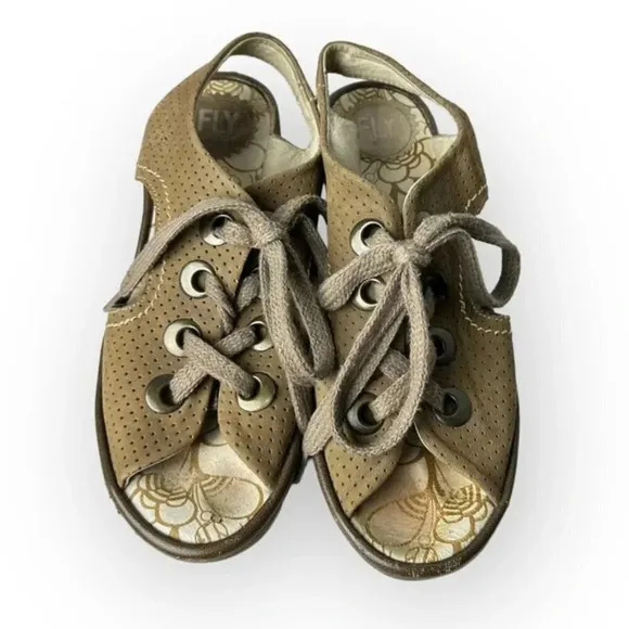 Fly London Yiva Perforated Taupe Lace Up Wedge Sandals 38