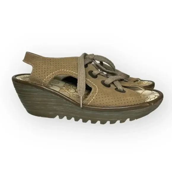 Fly London Yiva Perforated Taupe Lace Up Wedge Sandals 38
