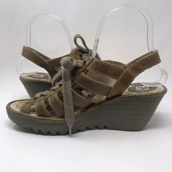 Fly London YLFA Wedge Platform Sandals Brown Size 38 7.5 Lace Up Peep Toe Women