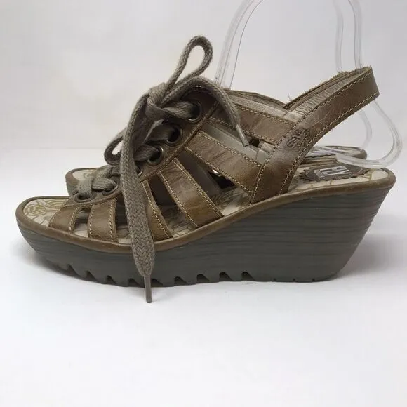 Fly London YLFA Wedge Platform Sandals Brown Size 38 7.5 Lace Up Peep Toe Women