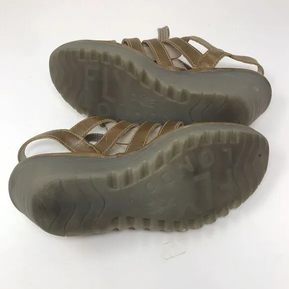 Fly London YLFA Wedge Platform Sandals Brown Size 38 7.5 Lace Up Peep Toe Women