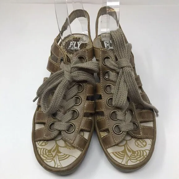 Fly London YLFA Wedge Platform Sandals Brown Size 38 7.5 Lace Up Peep Toe Women