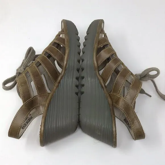 Fly London YLFA Wedge Platform Sandals Brown Size 38 7.5 Lace Up Peep Toe Women