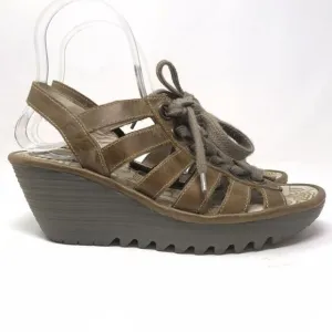 Fly London YLFA Wedge Platform Sandals Brown Size 38 7.5 Lace Up Peep Toe Women
