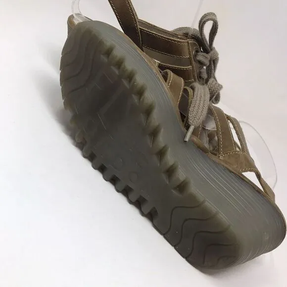 Fly London YLFA Wedge Platform Sandals Brown Size 38 7.5 Lace Up Peep Toe Women