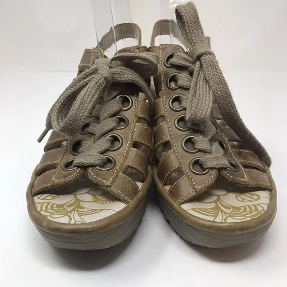 Fly London YLFA Wedge Platform Sandals Brown Size 38 7.5 Lace Up Peep Toe Women
