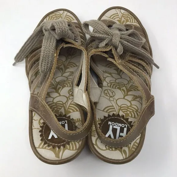 Fly London YLFA Wedge Platform Sandals Brown Size 38 7.5 Lace Up Peep Toe Women