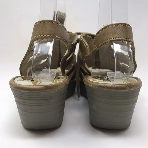 Fly London YLFA Wedge Platform Sandals Brown Size 38 7.5 Lace Up Peep Toe Women