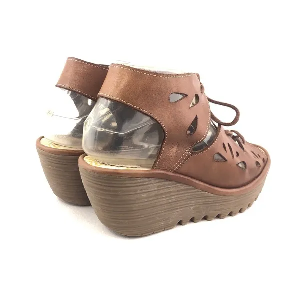 Fly London Yote Brown Leather Wedge Sandals EUR 38