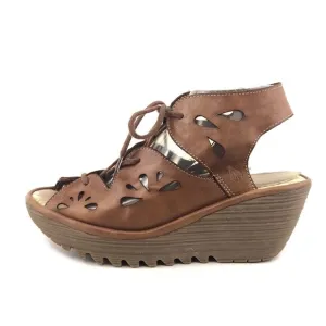 Fly London Yote Brown Leather Wedge Sandals EUR 38