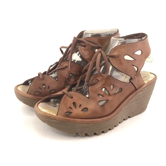 Fly London Yote Brown Leather Wedge Sandals EUR 38