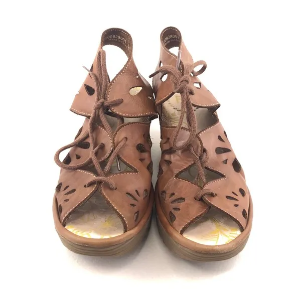 Fly London Yote Brown Leather Wedge Sandals EUR 38