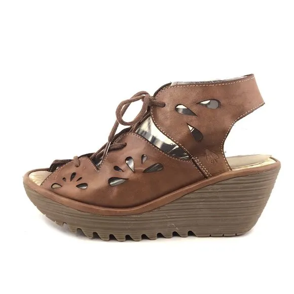 Fly London Yote Brown Leather Wedge Sandals EUR 38