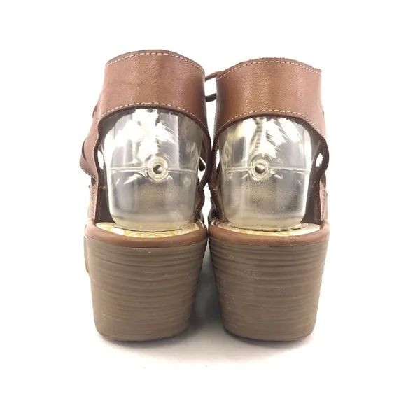 Fly London Yote Brown Leather Wedge Sandals EUR 38