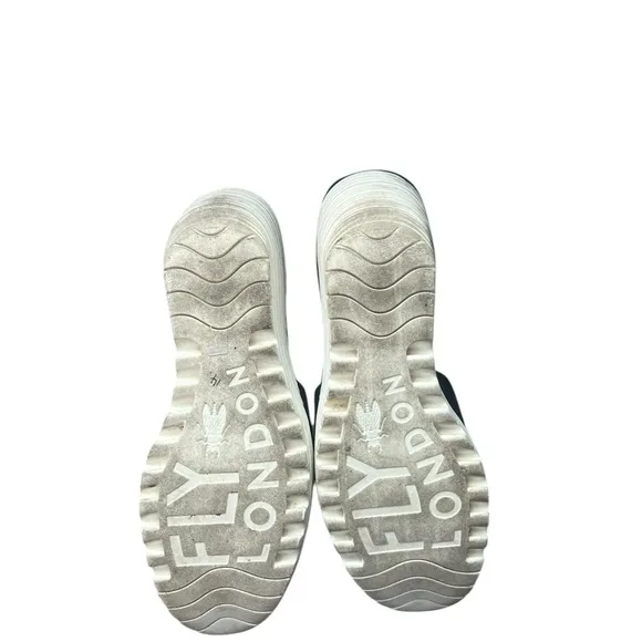 FLY London Yula Wedge Sandals 40 9.5 US Black Perforated Leather White Heel