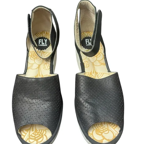 FLY London Yula Wedge Sandals 40 9.5 US Black Perforated Leather White Heel