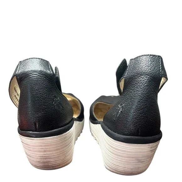 FLY London Yula Wedge Sandals 40 9.5 US Black Perforated Leather White Heel