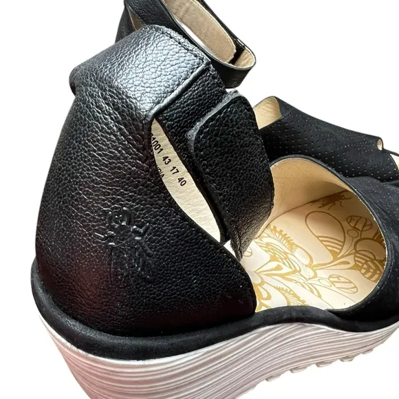 FLY London Yula Wedge Sandals 40 9.5 US Black Perforated Leather White Heel