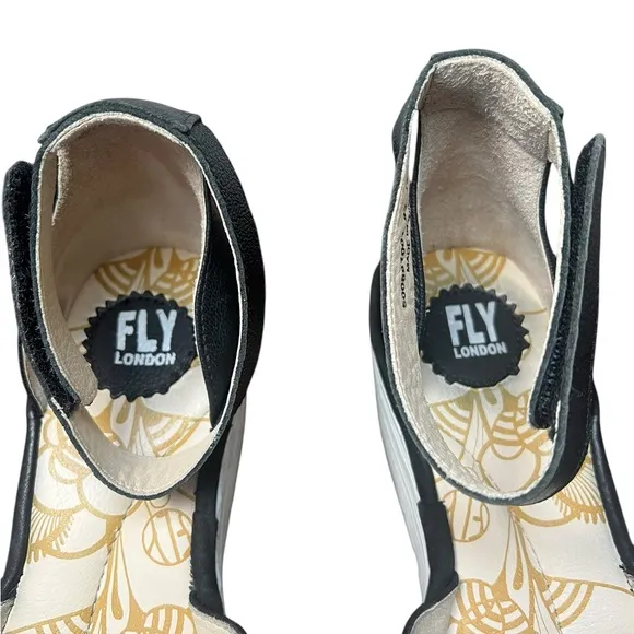 FLY London Yula Wedge Sandals 40 9.5 US Black Perforated Leather White Heel