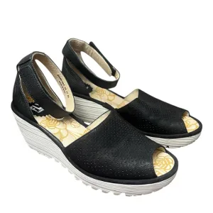 FLY London Yula Wedge Sandals 40 9.5 US Black Perforated Leather White Heel