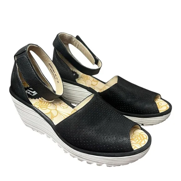FLY London Yula Wedge Sandals 40 9.5 US Black Perforated Leather White Heel