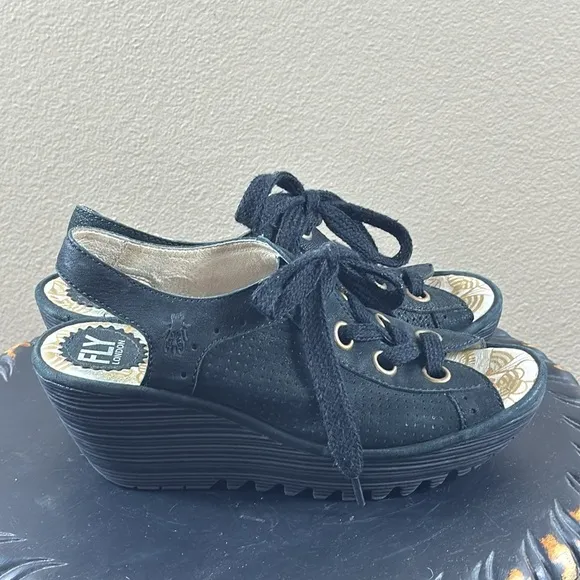 FLY London “Yuta” Peep-toe Lace-up Sandals, size 38