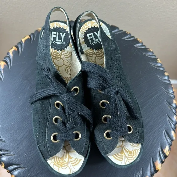 FLY London “Yuta” Peep-toe Lace-up Sandals, size 38