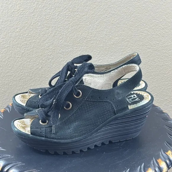FLY London “Yuta” Peep-toe Lace-up Sandals, size 38