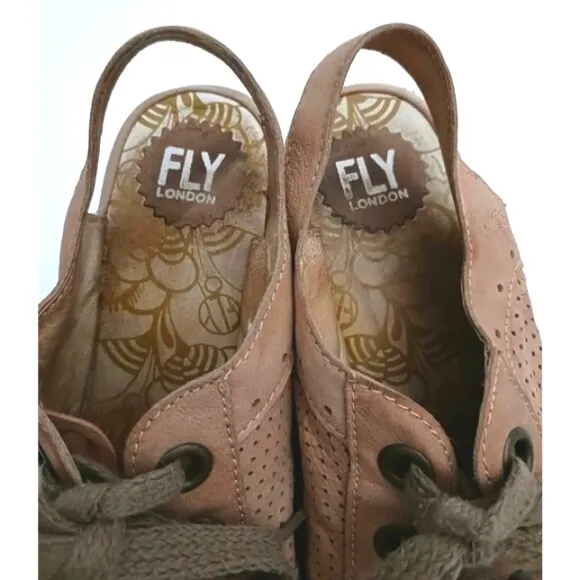 Fly London Yuta Wedge Sandal Beige Leather Lace Up 40 US 9-9.5