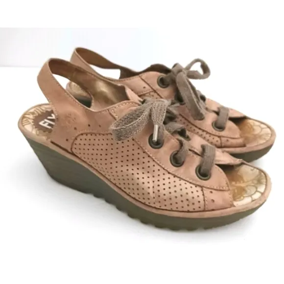 Fly London Yuta Wedge Sandal Beige Leather Lace Up 40 US 9-9.5