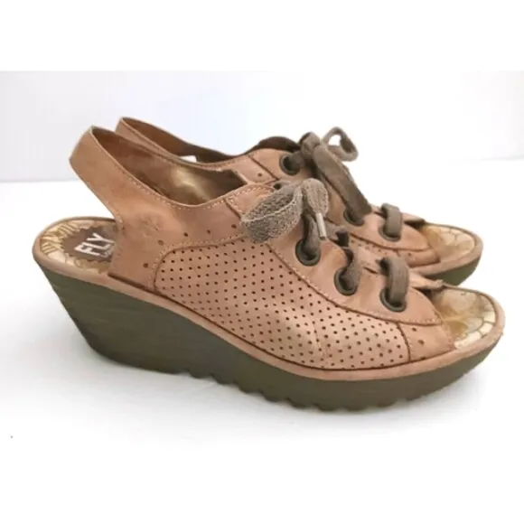 Fly London Yuta Wedge Sandal Beige Leather Lace Up 40 US 9-9.5