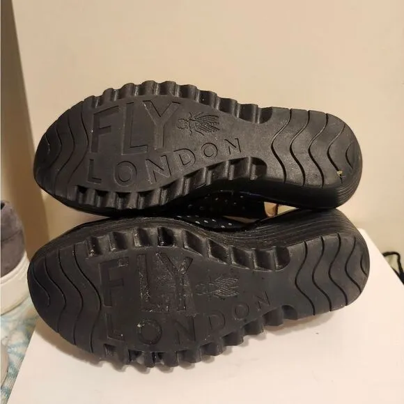 Fly London &quot;Yile&quot; Black Perforated Leather Wedge Heel Sandals Sz.9/39 Ret.$185