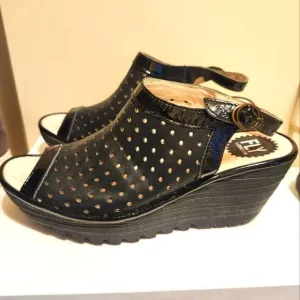 Fly London &quot;Yile&quot; Black Perforated Leather Wedge Heel Sandals Sz.9/39 Ret.$185