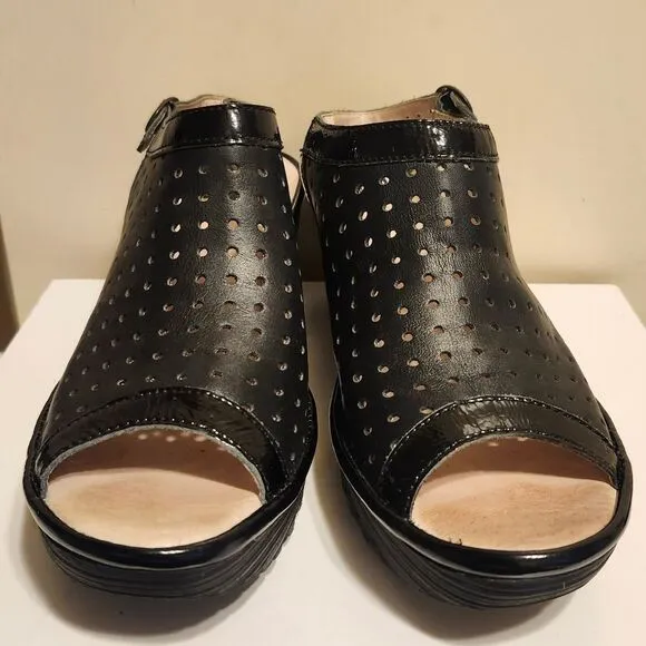 Fly London &quot;Yile&quot; Black Perforated Leather Wedge Heel Sandals Sz.9/39 Ret.$185