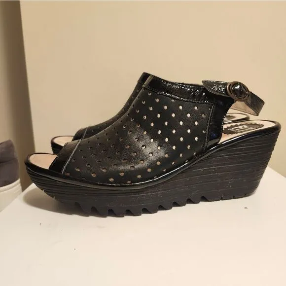 Fly London &quot;Yile&quot; Black Perforated Leather Wedge Heel Sandals Sz.9/39 Ret.$185