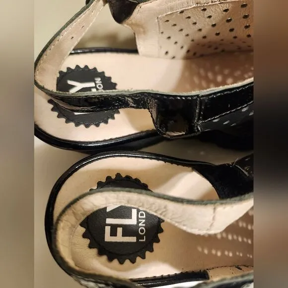 Fly London &quot;Yile&quot; Black Perforated Leather Wedge Heel Sandals Sz.9/39 Ret.$185
