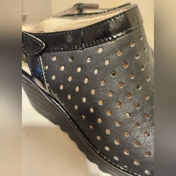 Fly London &quot;Yile&quot; Black Perforated Leather Wedge Heel Sandals Sz.9/39 Ret.$185