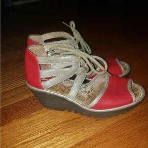 Fly London red leather wedge sandals