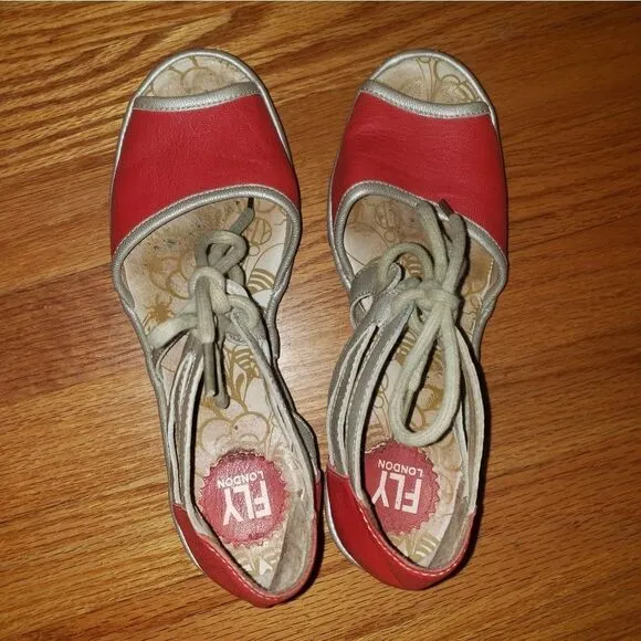 Fly London red leather wedge sandals