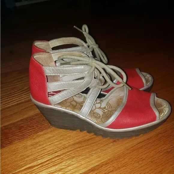 Fly London red leather wedge sandals