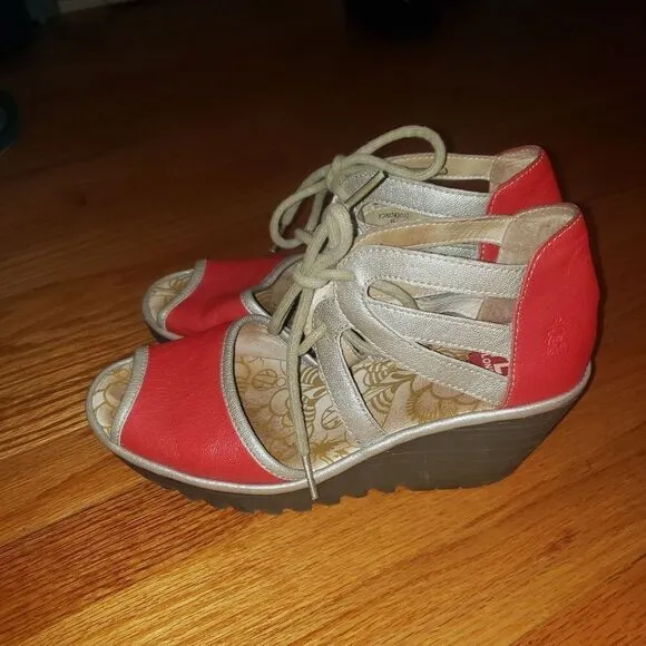 Fly London red leather wedge sandals