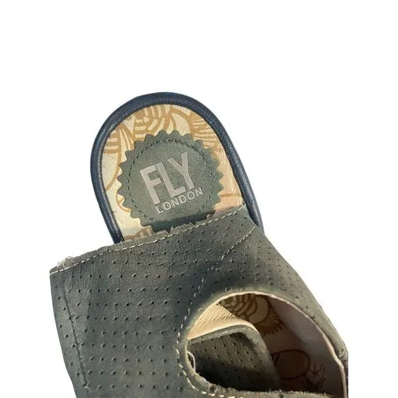 Fly London Yala Wedge Sandals Perforated Suede Olive Green Taupe Peep Toe 37 6.5