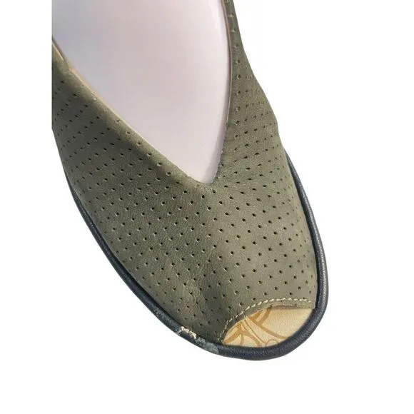 Fly London Yala Wedge Sandals Perforated Suede Olive Green Taupe Peep Toe 37 6.5