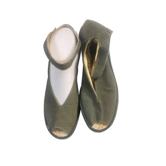 Fly London Yala Wedge Sandals Perforated Suede Olive Green Taupe Peep Toe 37 6.5