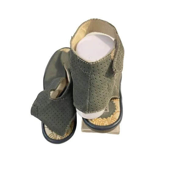 Fly London Yala Wedge Sandals Perforated Suede Olive Green Taupe Peep Toe 37 6.5