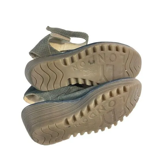 Fly London Yala Wedge Sandals Perforated Suede Olive Green Taupe Peep Toe 37 6.5