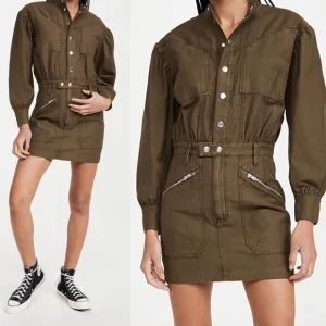 Frame Moto Zip Dress S M $348 Army Green Snap Front Mini NWT